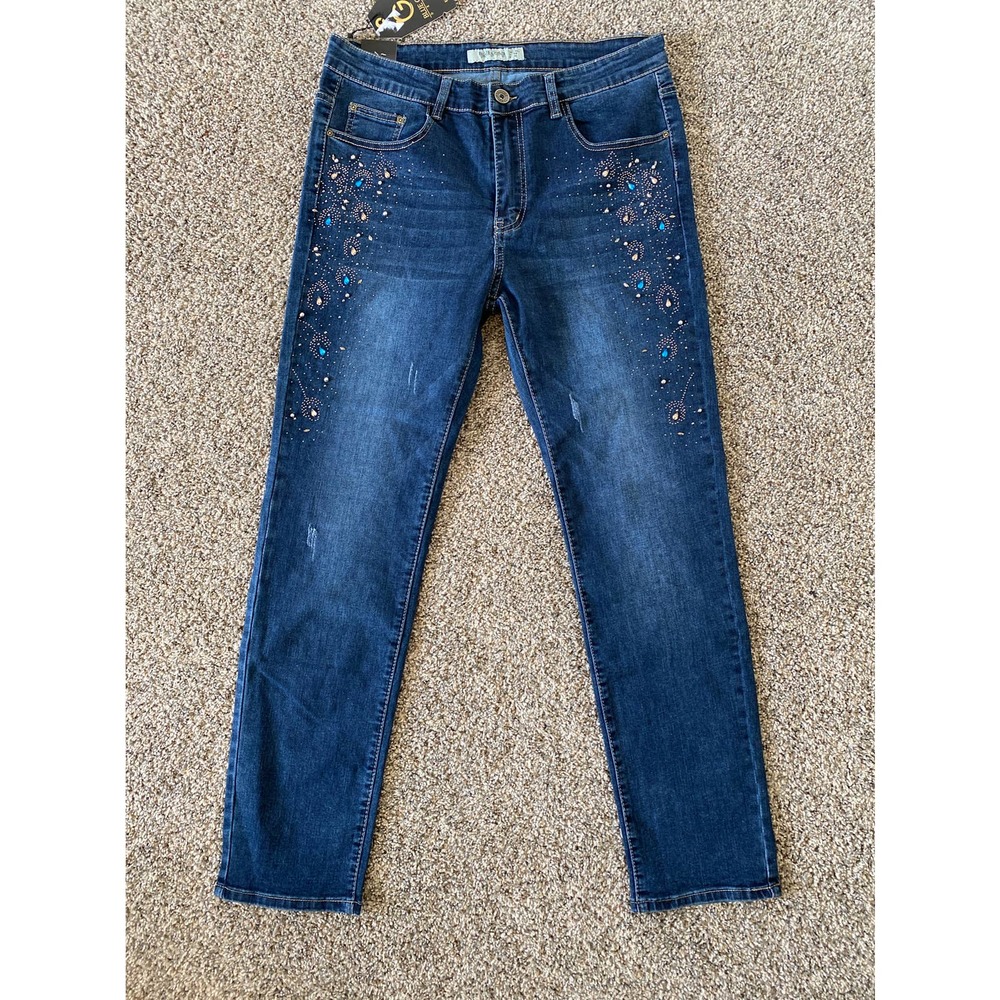 Blue Gold Denim Embellished Jeans - Size XXL